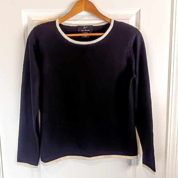 Lemmie for Nina Leonard Black Wool Ivory Trim Pullover Sweater - Picture 1 of 4